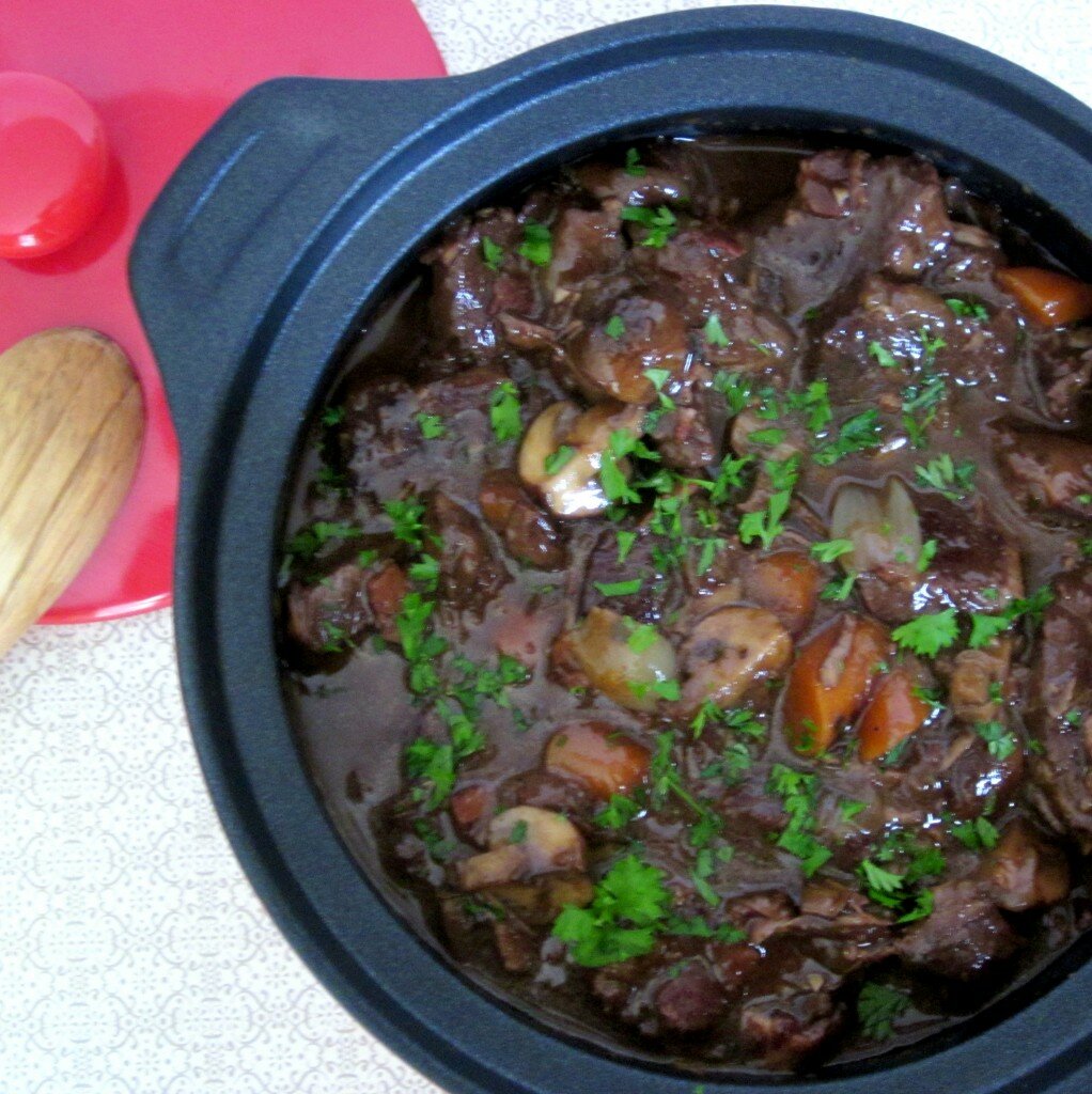 Beef Stew in Red Wine, with Bacon, Onions, and Mushrooms Beef Stew in Red Wine, with Bacon, Onions, and Mushrooms